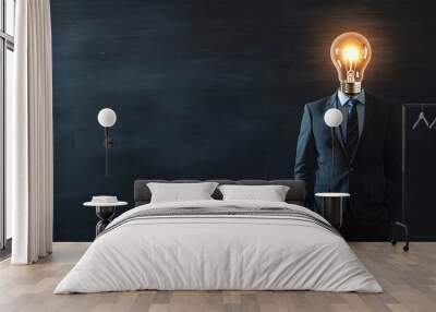 Business and creative idea concept with man in a black suit with light bulb handwritten sketch instead of head-on blank blackboard background design Wall mural