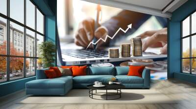 Businessmen collect coins with profit chart analysis of business growth, profit growth management, and corporate financial statistics. finance and investment concept design Wall mural