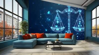 Concept of AI law, artificial intelligence regulations in futuristic glowing low polygonal style with brain and scale symbols on dark blue background design Wall mural