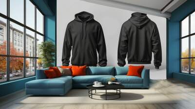 Blank black hoodie mockup, front and back view. Wall mural