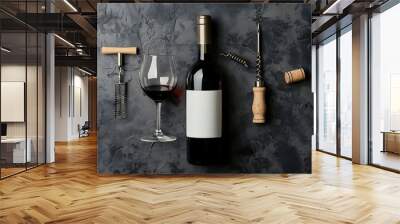 Bottle and glass of red wine with corkscrew and corkscrew on grey background Wall mural