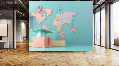 Education and travel concept. 3D illustration of a world map with a graduation cap and airplane. Wall mural