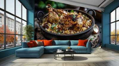 Frying pan with tasty chicken pilaf on dark background, top view Wall mural