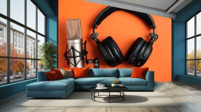 Headphones and microphone on a yellow background. 3d rendering. Wall mural