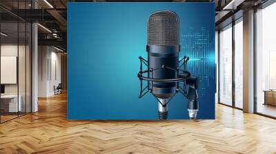 Microphone on a blue background. 3d rendering, 3d illustration. Wall mural