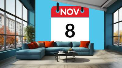 November 8. Flat icon calendar isolated on blue background. Date and month vector illustration Wall mural