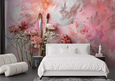 Paint brushes and flowers on pink background. Flat lay, top view Wall mural