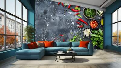 Spices and herbs on dark background. Food and cuisine ingredients. Wall mural