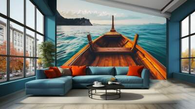 Wooden boat on the sea with blue sky and clouds background. Wall mural