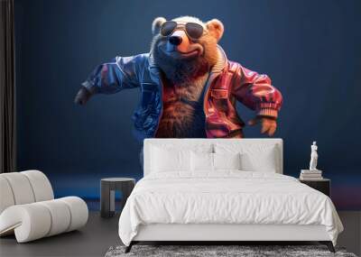 Cute teddy bear, casually dressed, with a big smile in a funny cartoon style attitude, relaxed, cool, and funky, on a dark blue background with copy space design Wall mural