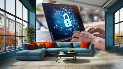 Employee confidentiality concept. Person use laptops with virtual padlock icons with confidential words to access documents and data and cyber security for managing corporate files and employee design Wall mural