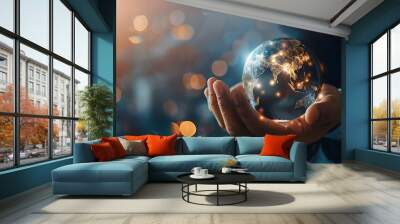 Franchise business concept: Businessman holds a virtual globe w franchise business icon for growth, franchise marketing system in global business network, brand building, and modern technology design. Wall mural