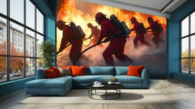 Illustrate the collaborative efforts of a firefighting team as they work together to combat a raging fire using water hoses design Wall mural