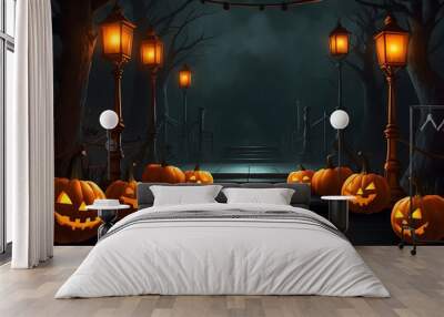 Illustration of a banner with a catwalk and pumpkins for Halloween, a scene for presentations on a dark background design. Wall mural