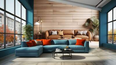 Interior living room wall mockup with leather sofa and decor on wooden wall background.3d rendering design., Wall mural