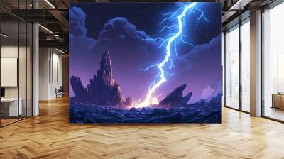 Lightning Bolt: A jagged, electrifying lightning bolt striking with exaggerated sharp angles and bright, vivid colors.  Wall mural