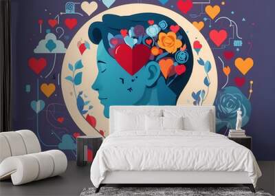 mental health day human profile and heart with icons Wall mural