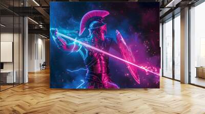 Neon ancient warrior with the magic spear. synthwave wizard. Illustrations design Wall mural