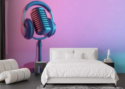 Podcasting and radio concept with a retro microphone, headphones on an empty wooden table, and a dark blank wall background with a place for your logo or text. 3D rendering design Wall mural