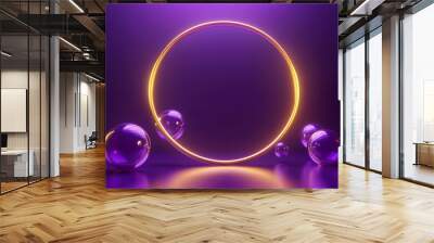 Purple and golden levitating bubble spheres in a 3D render, designed for a cosmetic product demonstration showcase. The abstract, minimal scene features glowing light that highlights the elegant  Wall mural