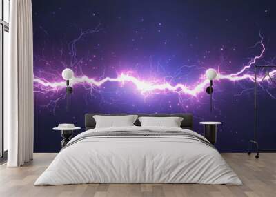 Realistic lightning thunderbolt striking against a short circuit, with plasma and sparks flying after two electrical discharges clash. The scene features bright flashes of light and flaming particles, Wall mural