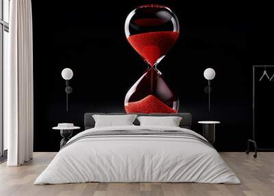 Red sand passing in hourglass, countdown running time, deadline isolated on empty black background design Wall mural