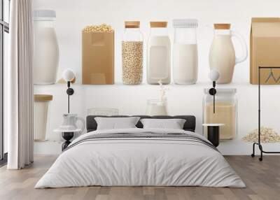 Set of vector realistic milk boxes, including regular milk, oat milk, soy milk, rice milk, and almond milk. Realistic 3D illustration collection. Wall mural