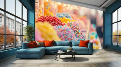 The candies are presented in clear glass jars and bowls, showcasing their rich colors and inviting textures Wall mural