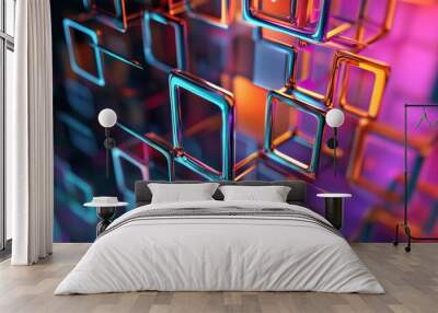 The color palette is bold and vivid, featuring bright and eye-catching hues. The colors of the squares and lines are carefully chosen to create a harmonious and visually appealing composition. Wall mural