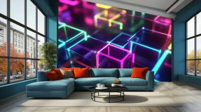 The color palette is bold and vivid, featuring bright and eye-catching hues. The colors of the squares and lines are carefully chosen to create a harmonious and visually appealing composition. Wall mural