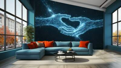 Two hands holding each other, against a digital technology background design, in a low-polygon style design, with a blue light effect on a dark black background design Wall mural