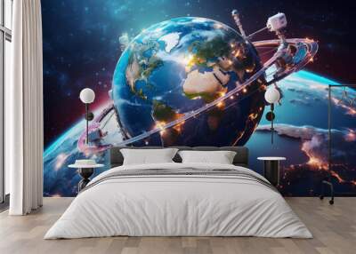 Using cutting-edge technology, a telecom communication satellite is orbiting the planet, carrying a GPS space orbit services banner and datum holographic information for online and internet connection Wall mural