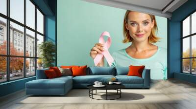 Young woman with Breast cancer ribbon Wall mural