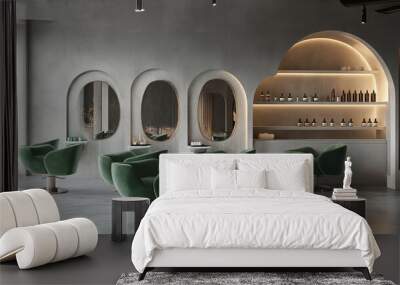 “3D rendering of a luxury light salon interior featuring oval mirrors and a row of green armchairs on a concrete floor. Includes built-in arched shelves with bottles, side view accessories, and modern Wall mural