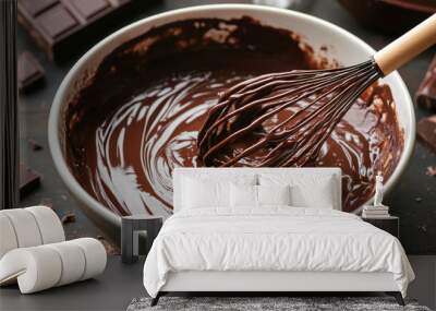 “A hand whisking melted chocolate in a mixing bowl, set against a rich chocolate background. The smooth, glossy texture of the melted chocolate contrasts with the movement of the whisk,  Wall mural