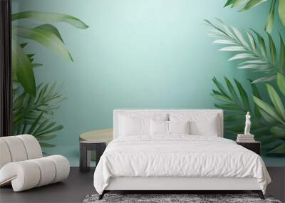 “A wooden stand podium designed for cosmetics and product display, set against an abstract green pastel background. The natural wood finish of the podium contrasts elegantly with the soft, soothing pa Wall mural