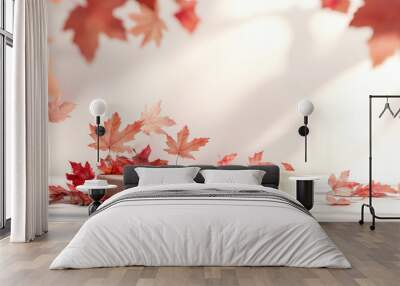 “Autumn background scene featuring red maple leaves and a wooden podium stand. Ideal for natural seasonal home decor in a fall season showroom setting.” Wall mural