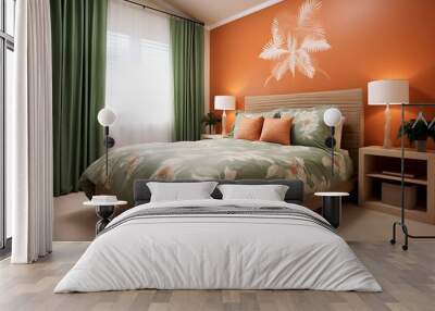 Interior of modern bedroom with orange and green khaki colors Wall mural