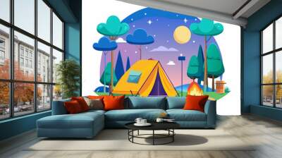 Camping place cartoon composition with yellow tent lamp pot with dinner on fire night sky illustration (17) Wall mural