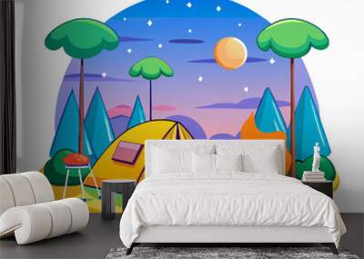 Camping place cartoon composition with yellow tent lamp pot with dinner on fire night sky illustration (2) Wall mural