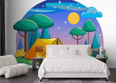 Camping place cartoon composition with yellow tent lamp pot with dinner on fire night sky illustration (5) Wall mural