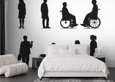 Silhouettes of old and disabled people on a white background Wall mural