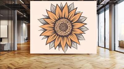 Yellow sunflower. Wildflower sun shaped view from above, sunny blossom with black seeds and petals (16) Wall mural