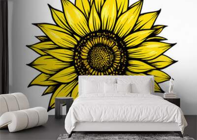 Yellow sunflower. Wildflower sun shaped view from above, sunny blossom with black seeds and petals (22) Wall mural