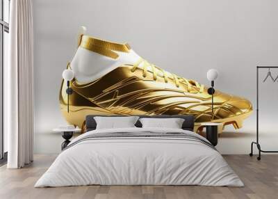 Golden sneakers white background isolated closeup, gold metal sport shoes, luxury running gumshoes, fashion yellow metallic fitness boots, athletic, football footwear, winner, victory, champion symbol Wall mural