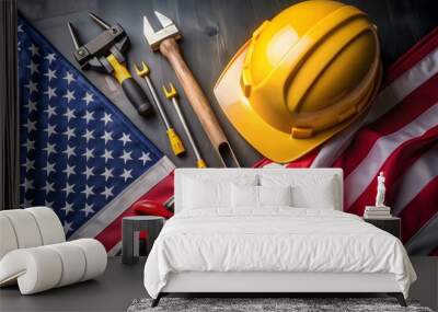 Happy Labor day American national holiday greeting card template. Flat lay yellow safety helmet, flag of USA, building tools on wooden table. Top view.
 Wall mural