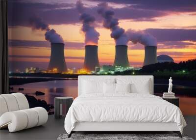 Night view of cooling tower of thermal power plant Wall mural