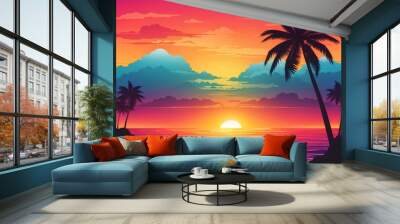 Ocean landscape with coconut trees in silhouette against sunset nature background
 Wall mural