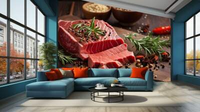 Wooden board with raw meat, vegetables and spices Wall mural