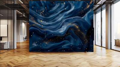 Abstract dark blue wavy background with gold particle Wall mural